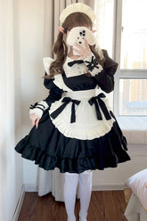 Black/White Maid Long Sleeves Ruffle Bowknot Sweet Plus Size Lolita Dress Full Set